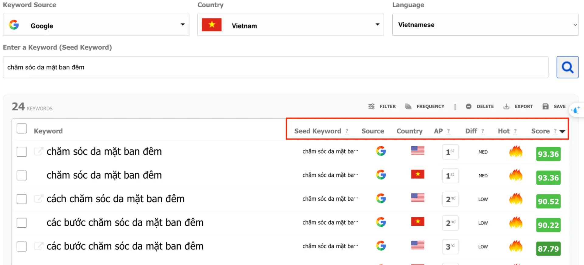 Xuất danh sách từ khoá từ công cụ nghiên cứu từ khóa