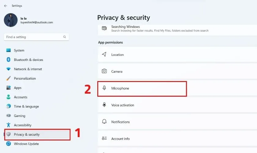 Mở cài đặt Privacy & security để kiểm tra quyền truy cập microphone trong cách sửa lỗi tai nghe trên máy tính