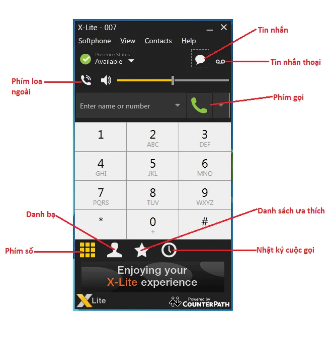 Giao diện X-lite hiển thị các chức năng cơ bản như loa ngoài, phím số, danh bạ