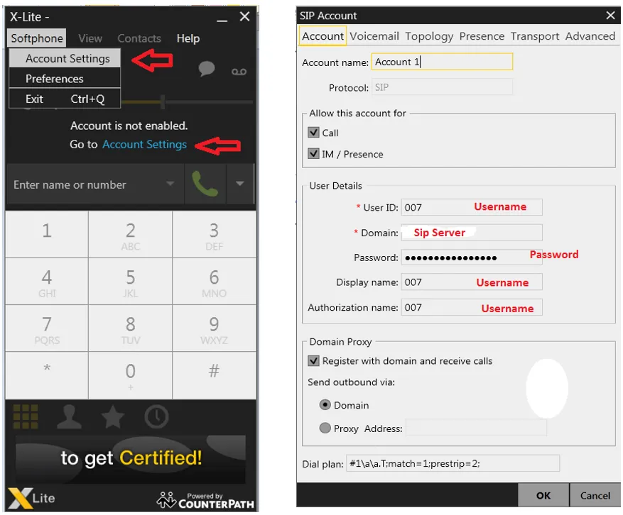 Màn hình cài đặt tài khoản SIP trong X-lite