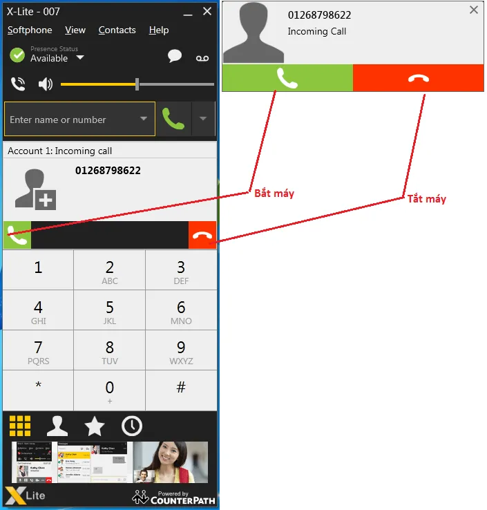 Màn hình X-lite hiển thị cuộc gọi đến với tùy chọn nghe hoặc từ chối