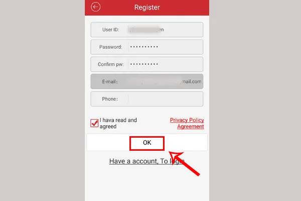 Các trường thông tin cần điền khi đăng ký tài khoản Rview: User ID, Password, Email