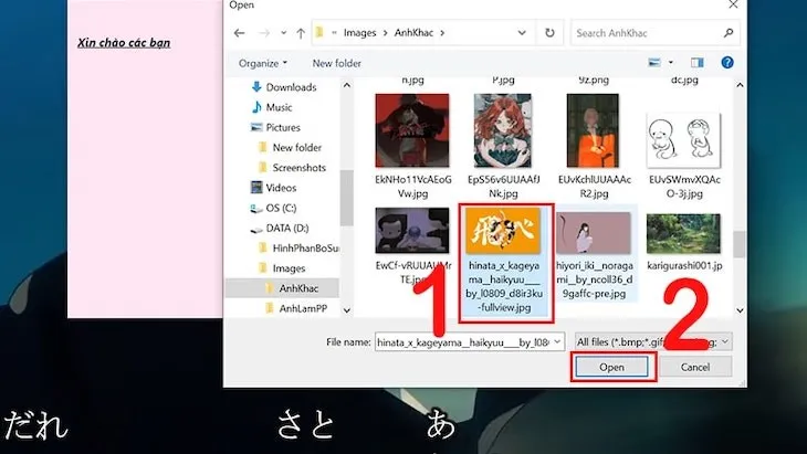 Cửa sổ chọn tệp hình ảnh để chèn vào Sticky Notes