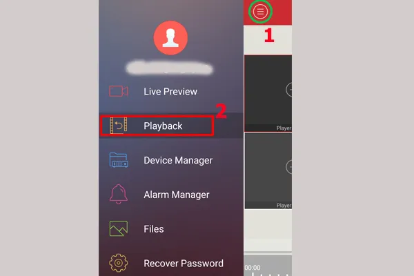 Giao diện xem lại video đã ghi trong ứng dụng Rview, cho phép chọn camera và khoảng thời gian