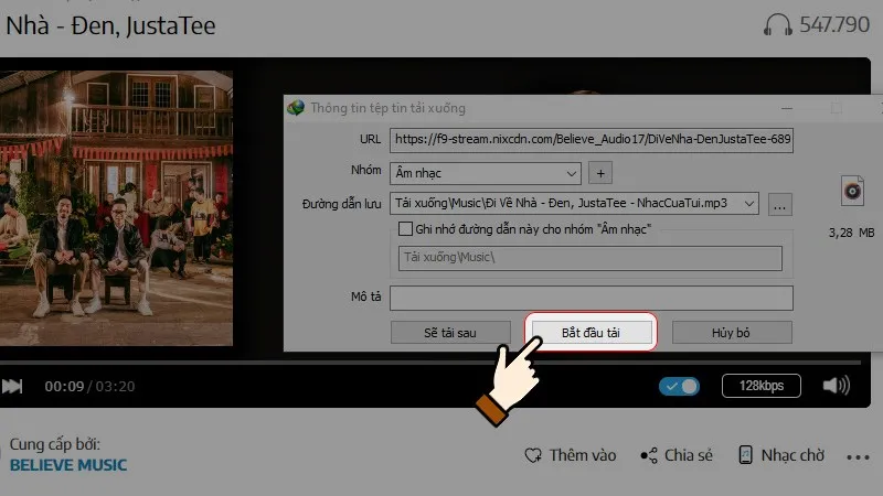 Bảng thông báo xác nhận tiến trình tải tệp tin audio được hỗ trợ bởi công cụ IDM nhanh chóng