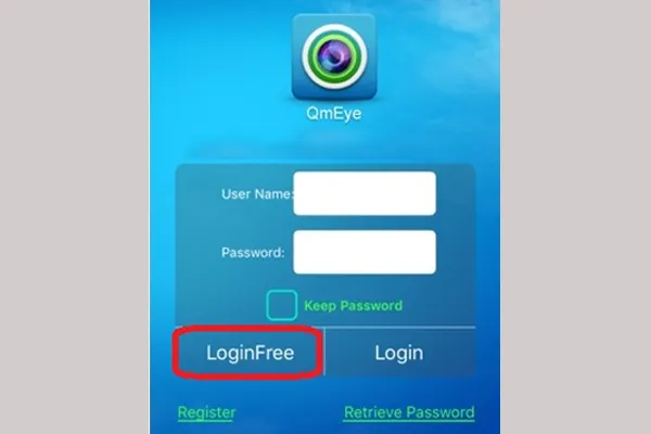 Giao diện đăng nhập ứng dụng Qmeye trên điện thoại iOS, có trường username và password