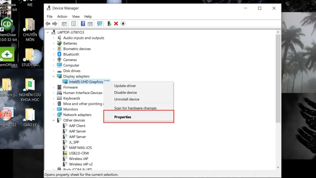 Chọn Properties để xem thông tin driver