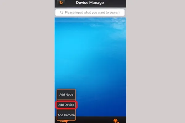 Menu "Add device" được chọn từ biểu tượng 3 dấu gạch trong ứng dụng Qmeye