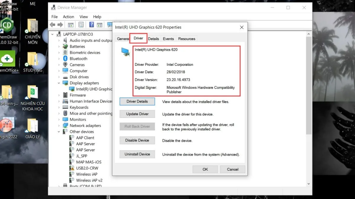 Xem thông tin driver trong tab Driver