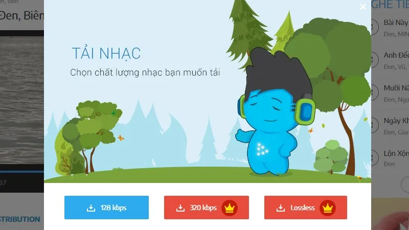 Hệ thống hiển thị các tùy chọn chất lượng nhạc khác nhau từ 128kbps đến chất lượng cao Lossless