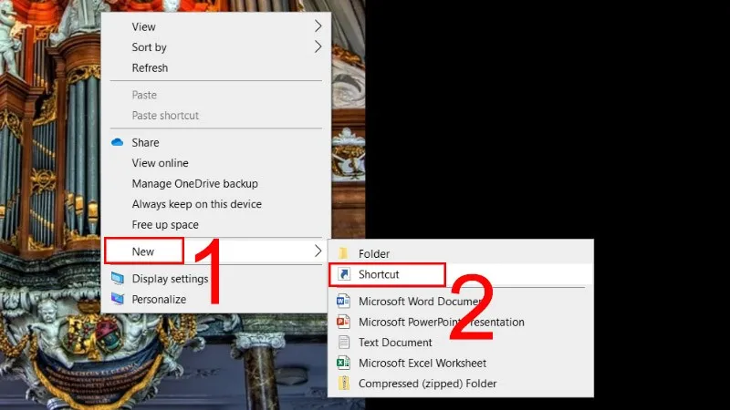 Chọn New > Shortcut trên màn hình Desktop để tạo lối tắt