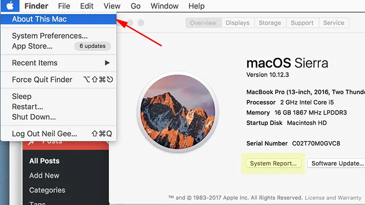 Mở menu Apple để truy cập vào phần giới thiệu cấu hình chi tiết của máy Macbook