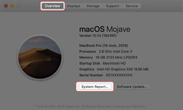 Nhấn vào nút System Report để xem toàn bộ danh sách linh kiện phần cứng bên trong máy Mac