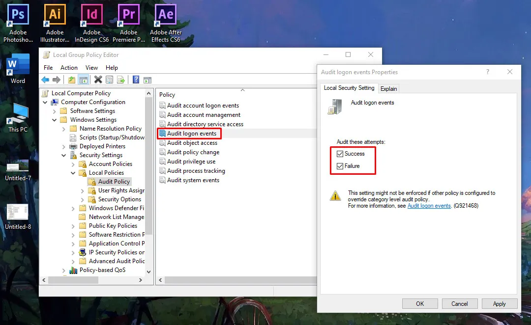 Kích hoạt tính năng theo dõi các lần đăng nhập thành công và thất bại trên máy tính