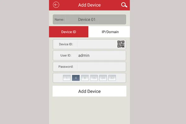 Giao diện chọn phương thức thêm thiết bị bằng "Device ID" trong ứng dụng Rview