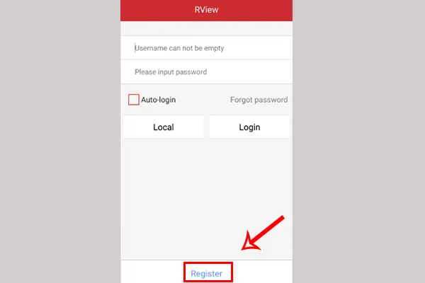 Màn hình tạo tài khoản mới trong ứng dụng Rview, hiển thị nút "Register"