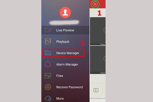 Mục "Device manager" được chọn từ menu bên trái của ứng dụng Rview