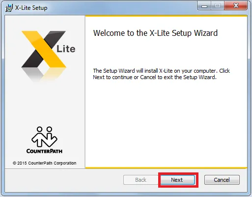 Màn hình chào mừng của trình cài đặt X-lite, yêu cầu chọn Next