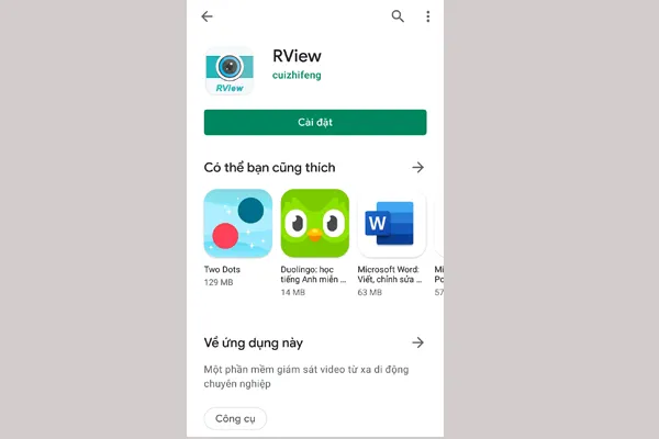 Màn hình ứng dụng CH Play hiển thị kết quả tìm kiếm "Rview" và nút cài đặt