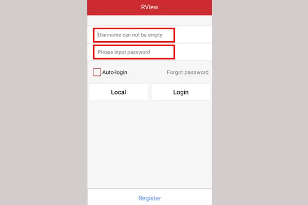 Giao diện đăng nhập ứng dụng Rview trên điện thoại, với các trường Email và Password