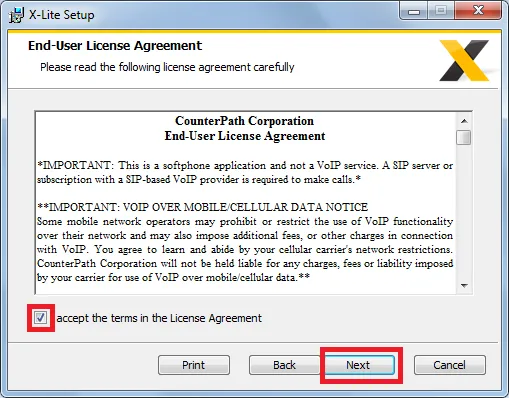 Màn hình điều khoản cấp phép của X-lite, với tùy chọn I accept the terms