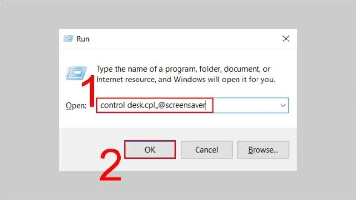Nhập lệnh control desk.cpl,,@screensaver vào ô Open của hộp thoại Run