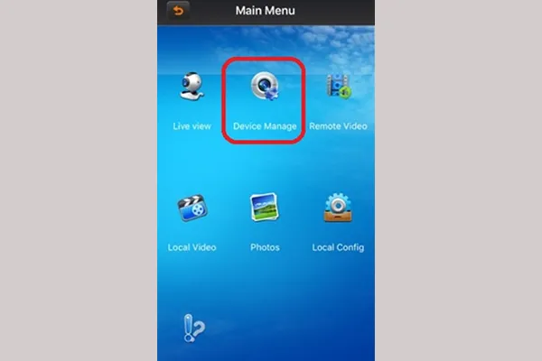 Màn hình chính của ứng dụng Qmeye, với mục "device manage" được đánh dấu