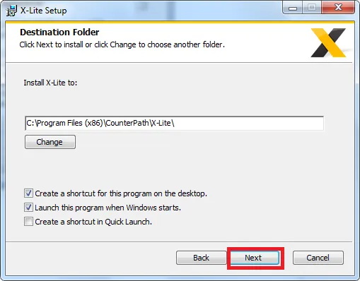 Tùy chọn thư mục cài đặt cho X-lite, với nút Next và Change