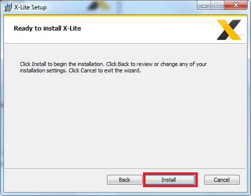 Nút Install để bắt đầu cài đặt X-lite vào hệ thống
