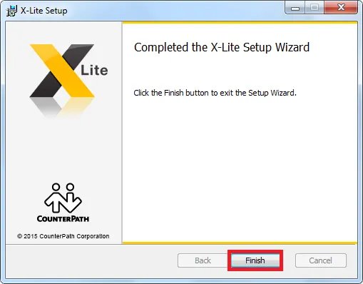 Thông báo cài đặt X-lite thành công, với nút Finish