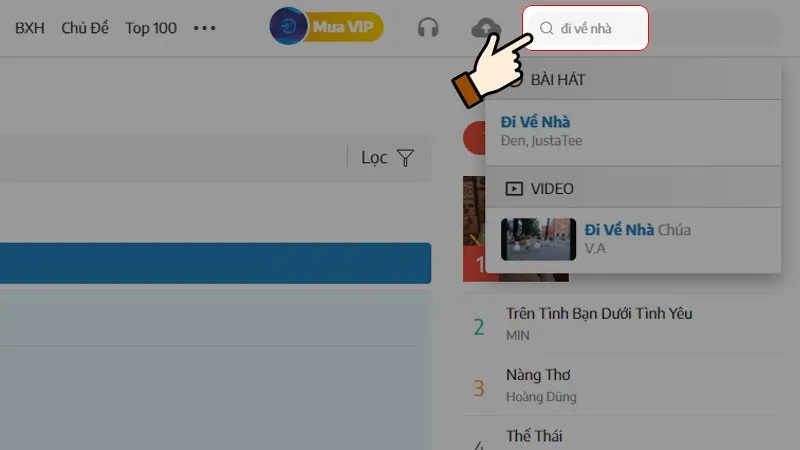 Người dùng tìm kiếm danh sách các bản nhạc mới nhất trên giao diện tìm kiếm của Cốc Cốc