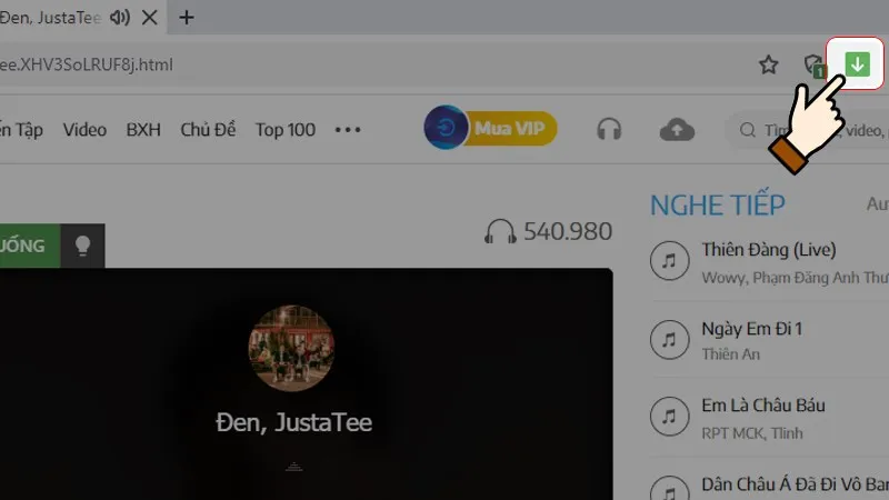 Thanh công cụ tải xuống hiển thị tùy chọn lưu tệp audio khi phát nhạc trên trình duyệt web