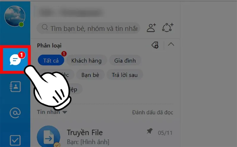 Giao diện chính của ứng dụng Zalo trên máy tính, với thanh điều hướng bên trái hiển thị mục 'Tin nhắn' đã được chọn.