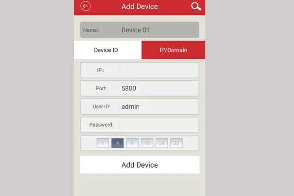 Giao diện chọn phương thức thêm thiết bị bằng "IP/Domain" trong ứng dụng Rview