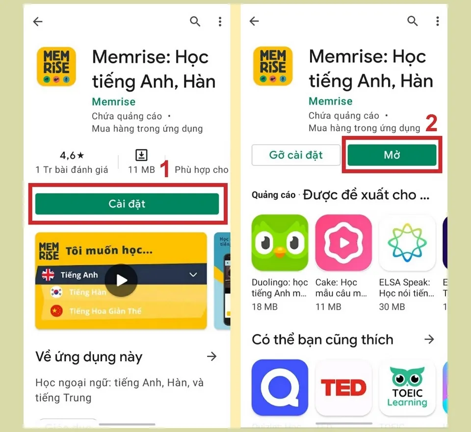 Giao diện của Memrise, hiển thị các khóa học và phương pháp ghi nhớ từ vựng