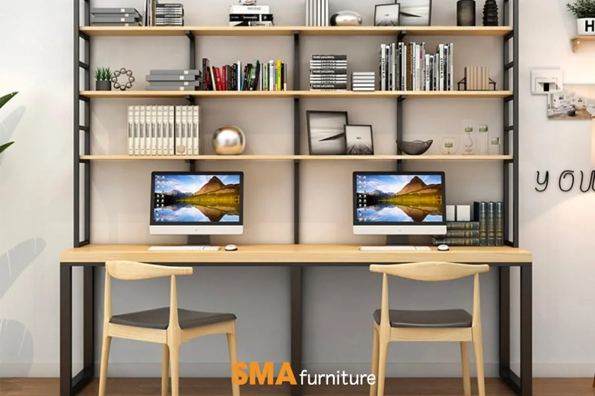 Mẫu bàn làm việc có kệ sách kích thước 2m đẹp