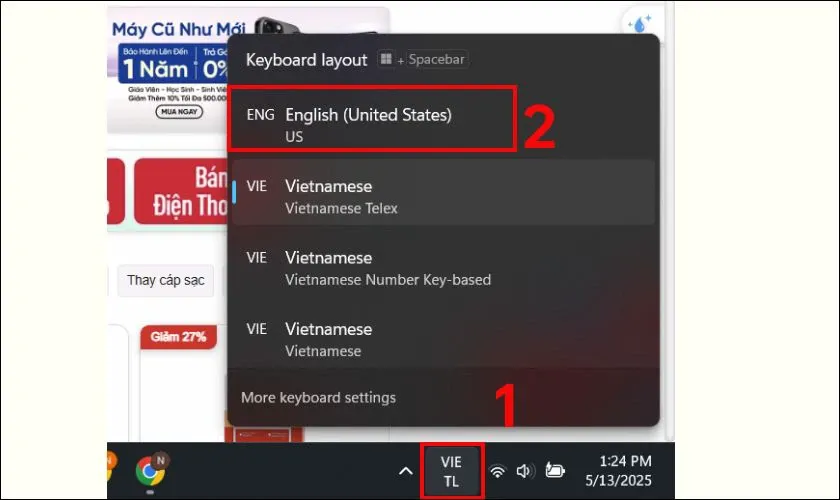 Giao diện cài đặt ngôn ngữ và bộ gõ trên thanh tác vụ của hệ điều hành Windows 11