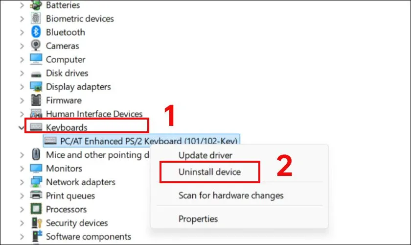 Thực hiện thao tác Uninstall Device cho Driver bàn phím hiện tại bị lỗi trên máy tính