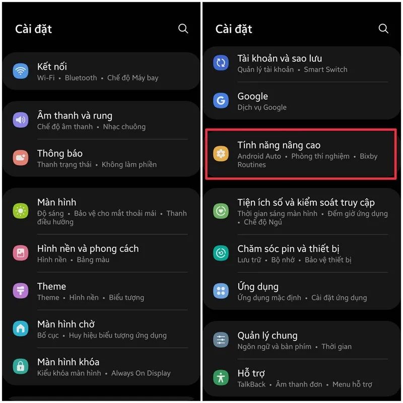Màn hình cài đặt tính năng nâng cao trên hệ điều hành Android của thiết bị Samsung