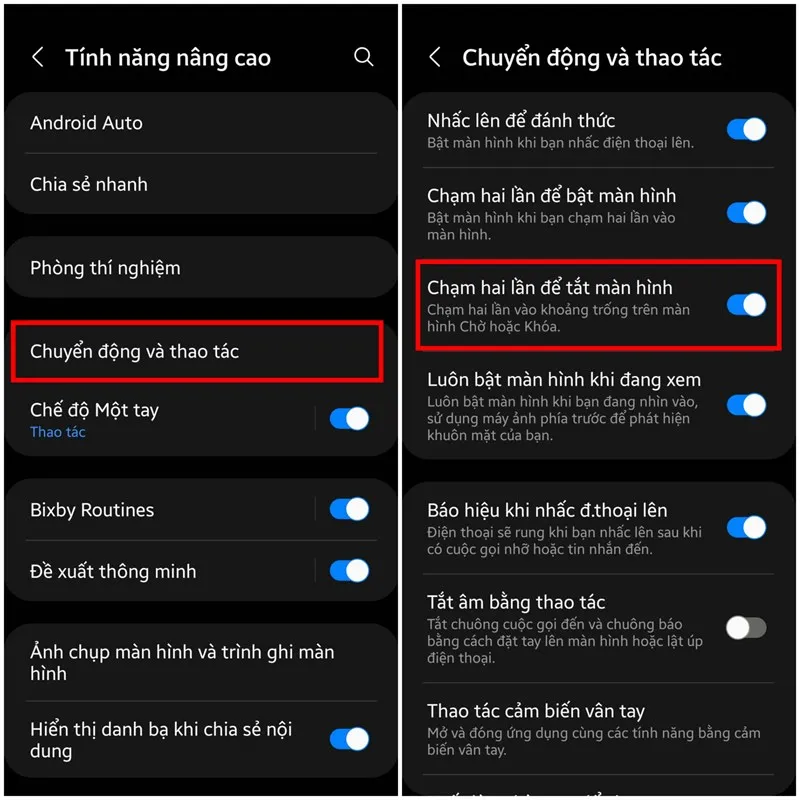Kích hoạt công tắc chạm hai lần để tắt màn hình trong menu chuyển động và thao tác