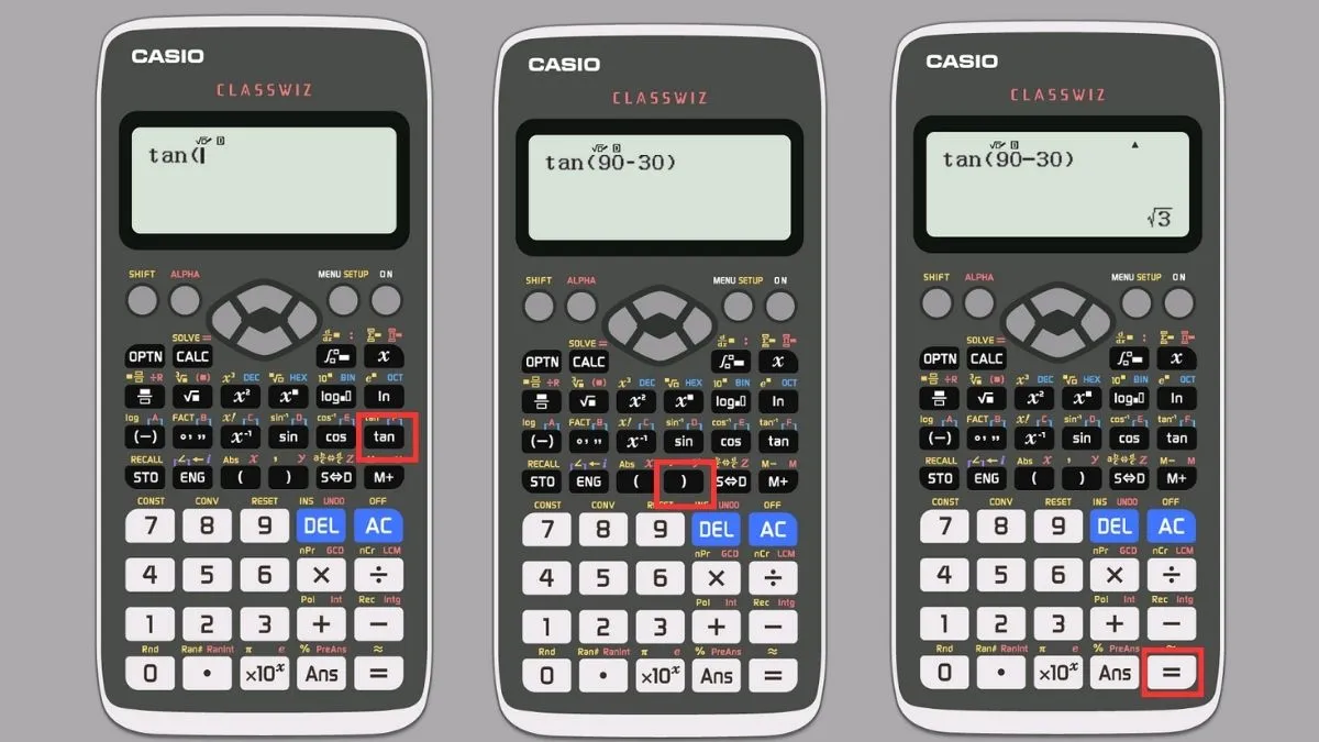 Màn hình Casio FX 580VN X với biểu thức "tan(90-A)" sẵn sàng tính toán.