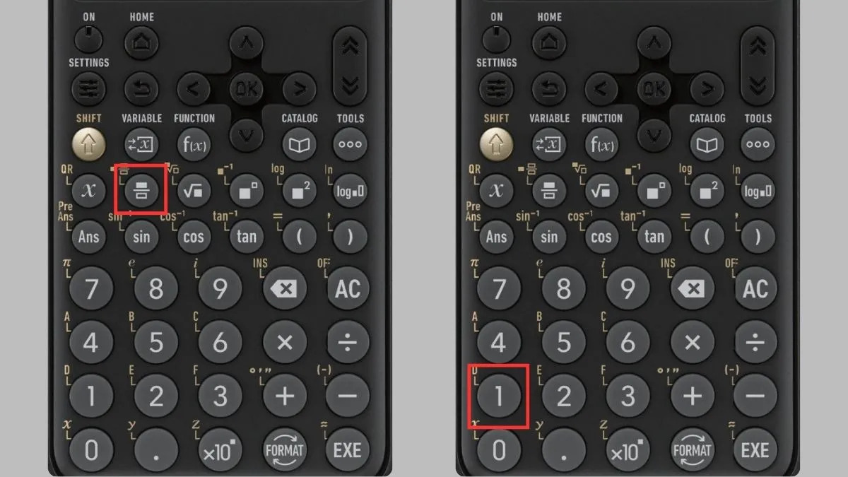 Bước nhập phân số "1/" trên máy tính Casio FX 880BTG để bắt đầu tính Cotang.