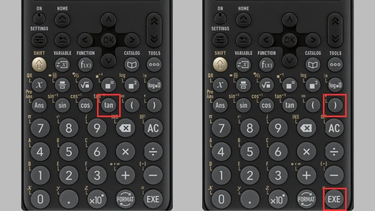 Màn hình Casio FX 880BTG hiển thị biểu thức "1/tan(A)" trước khi hoàn tất phép tính.