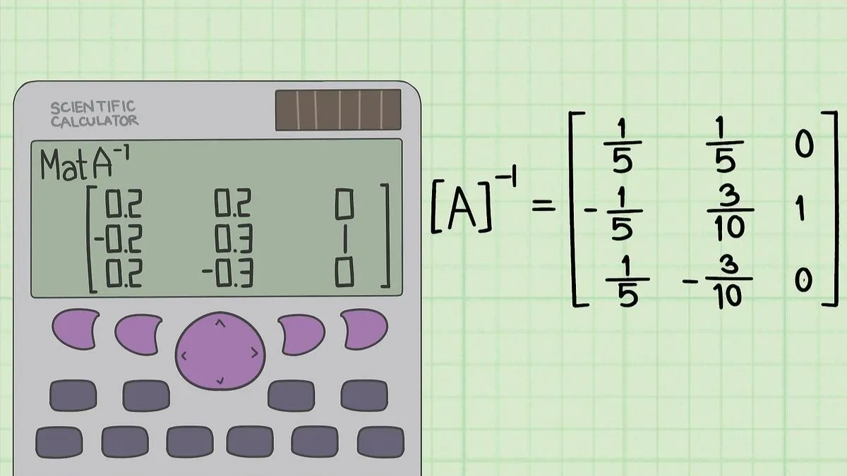 Kết quả ma trận nghịch đảo được trình bày dưới dạng phân số chính xác giúp học sinh dễ dàng trình bày bài làm