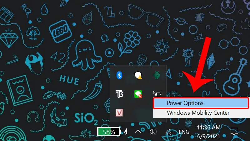 Điều chỉnh cài đặt nguồn điện từ biểu tượng pin nằm ở góc dưới bên phải màn hình