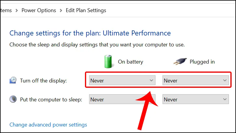 Chọn giá trị Never trong Control Panel để duy trì màn hình luôn ở trạng thái hoạt động