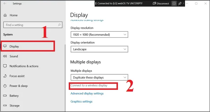 Truy cập nhanh vào chức năng Connect to a wireless display trong thẻ Display
