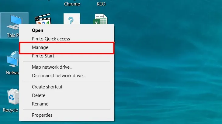 Truy cập Manage thông qua biểu tượng This PC trên màn hình nền Windows