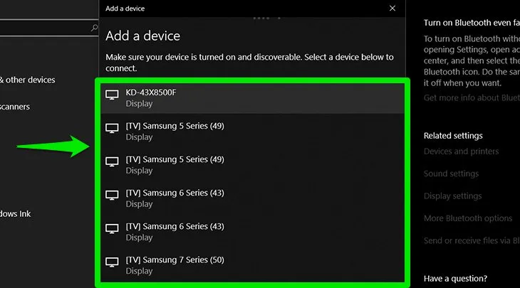 Danh sách các tivi hiện có xung quanh laptop sẵn sàng để ghép nối