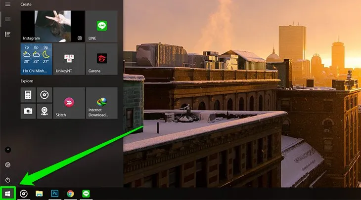 Nhấn phím Windows hoặc biểu tượng Start trên thanh Taskbar Windows 10